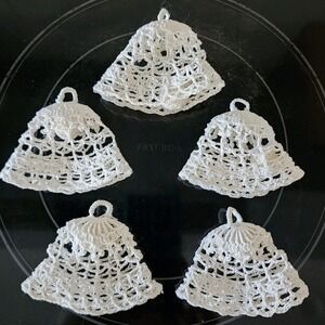 Vintage Crochet Bell Christmas Ornaments Lace White Handmade Retro 70s Starched